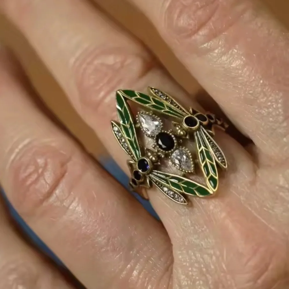 Vintage Art Deco Gold Ring with Green Enamel & Blue Gemstones Statement Cocktail